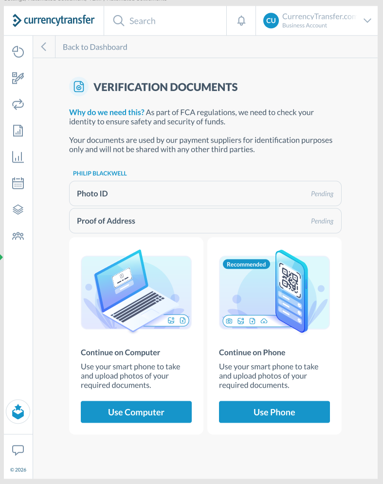 Current verification documents screen